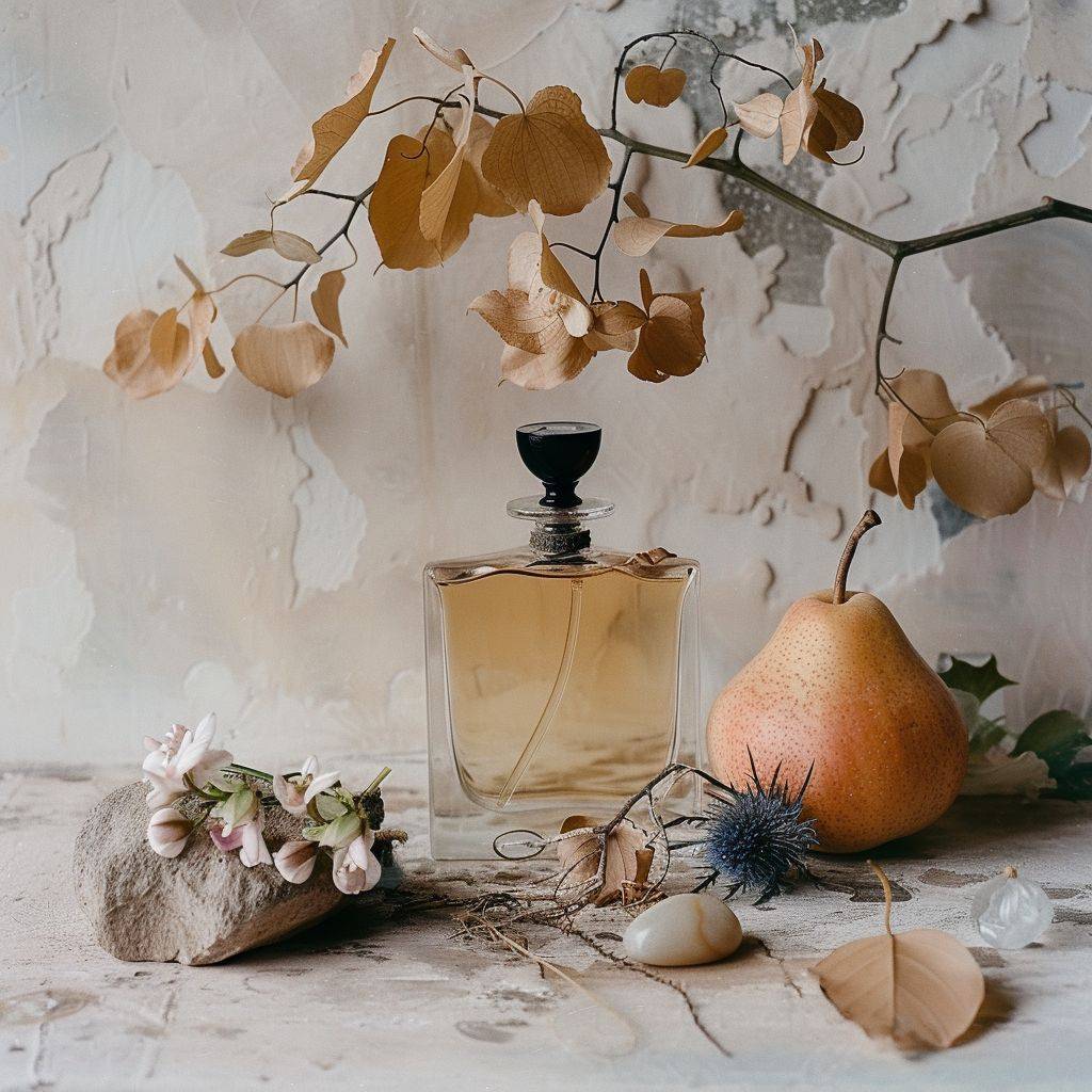 Create an elegant still life setup with a central element of a translucent honey-hued perfume bottle topped with a sleek black lid, against a subtly textured white wall backdrop. Surround the perfume bottle with organic embellishments such as a branch of delicate pink and ivory orchid flowers, eucalyptus leaves in a rich sienna tone, a textured golden pear, and a thistle flower featuring striking blue petals. Enhance the composition with additional textures like a base of moss, smooth stones, and a singular, curled dry leaf. Illuminate the scene with soft lighting to produce subtle and sophisticated shadows, creating an atmosphere of refined beauty and subtle opulence.