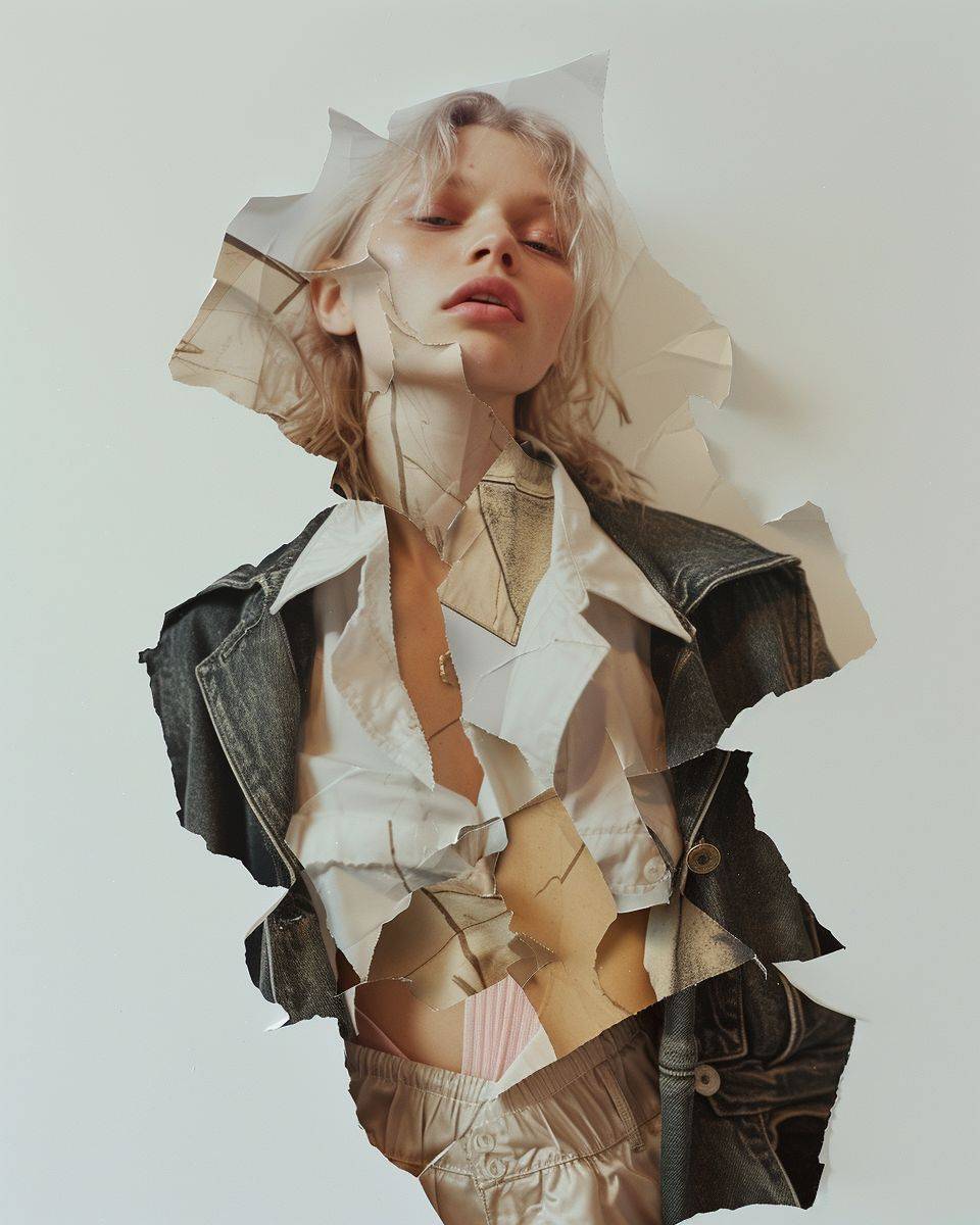 A photo of a piece of paper that was crumpled up and has been uncrumpled. On the crumpled piece of paper is a distorted, full length image of a beautiful, Caucasian, female model. The model is very tall and thin, perfect figure, The model has perfect facial features, pale skin, minimal makeup, dark natural eyebrows. The model has shoulder length hair, white platimun blonde, one length, center parted, undone and slightly messy. The model is wearing a neutral colored silk slip dress, black wool oversized mens overcoat, light pink cotton ankle socks floded over to the ankle, and black leather, pointy, kitten heel high heel shoes. The model is standing in a very cool, casual stance, with a very cool mood look on her face, almost expressionless, tomboyish, shot on white background, cool, fashion, minimal, abstract, shot on Leica SL2 camera with Noctiflux-M 50f/1.2 ASPH, --ar 4:5 --v 6