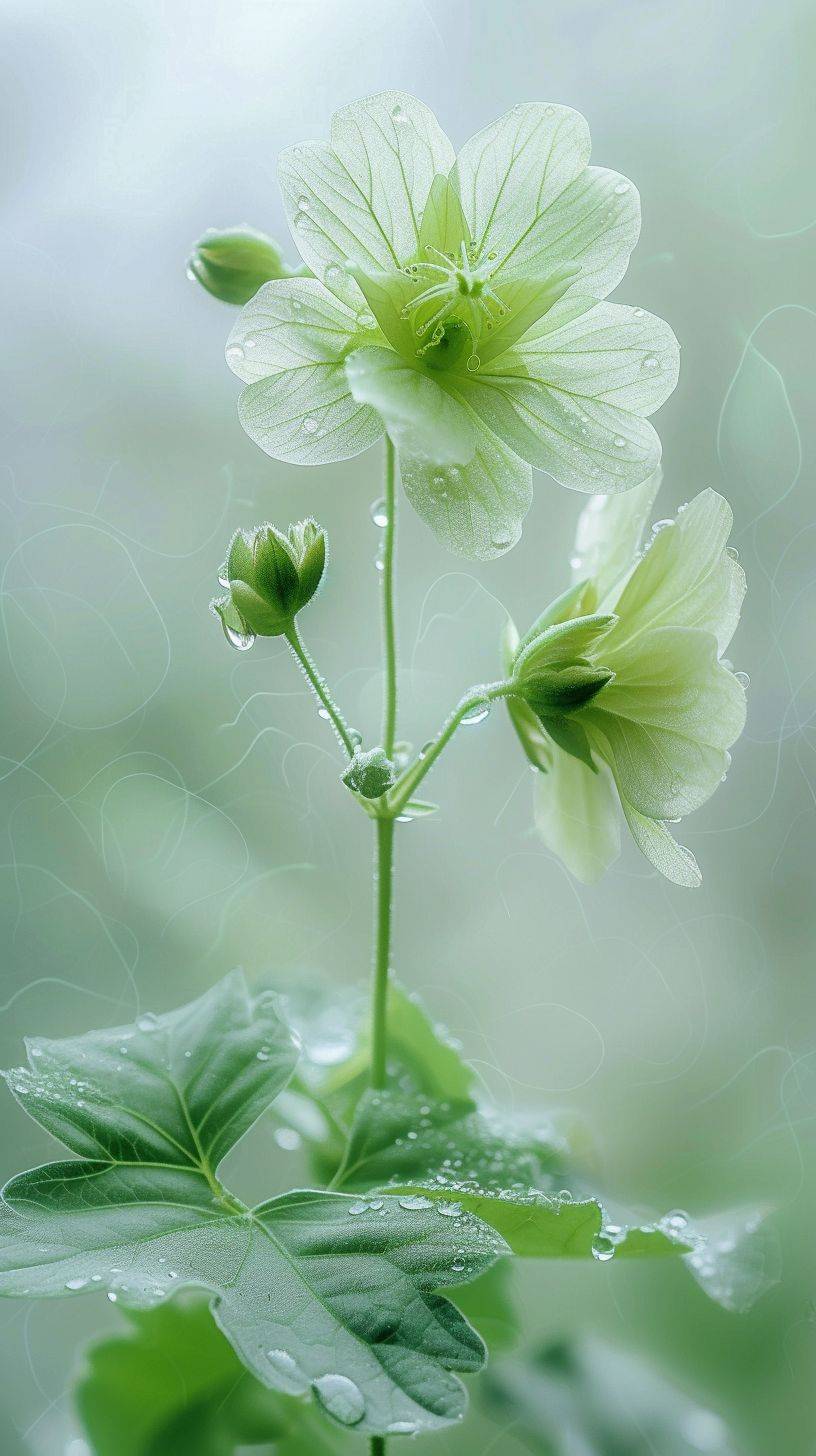 A light green geranium, with two buds on the branch, three tender green leaves, crystal clear dewdrops, ultra-high-definition vision, realism, background blur