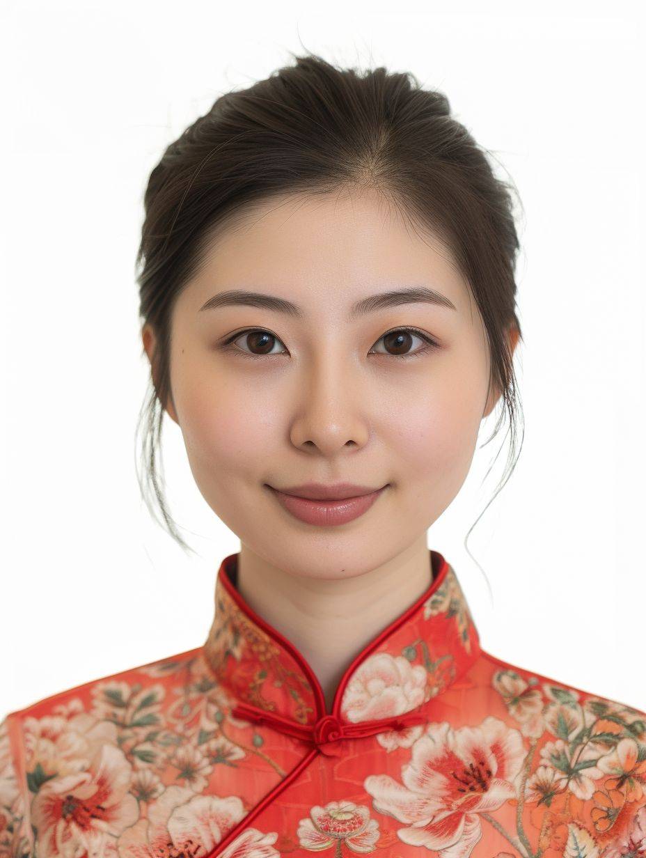 白い背景、中国の顔、モダンなスタイル、きちんとした服装、正面からの写真、ID写真