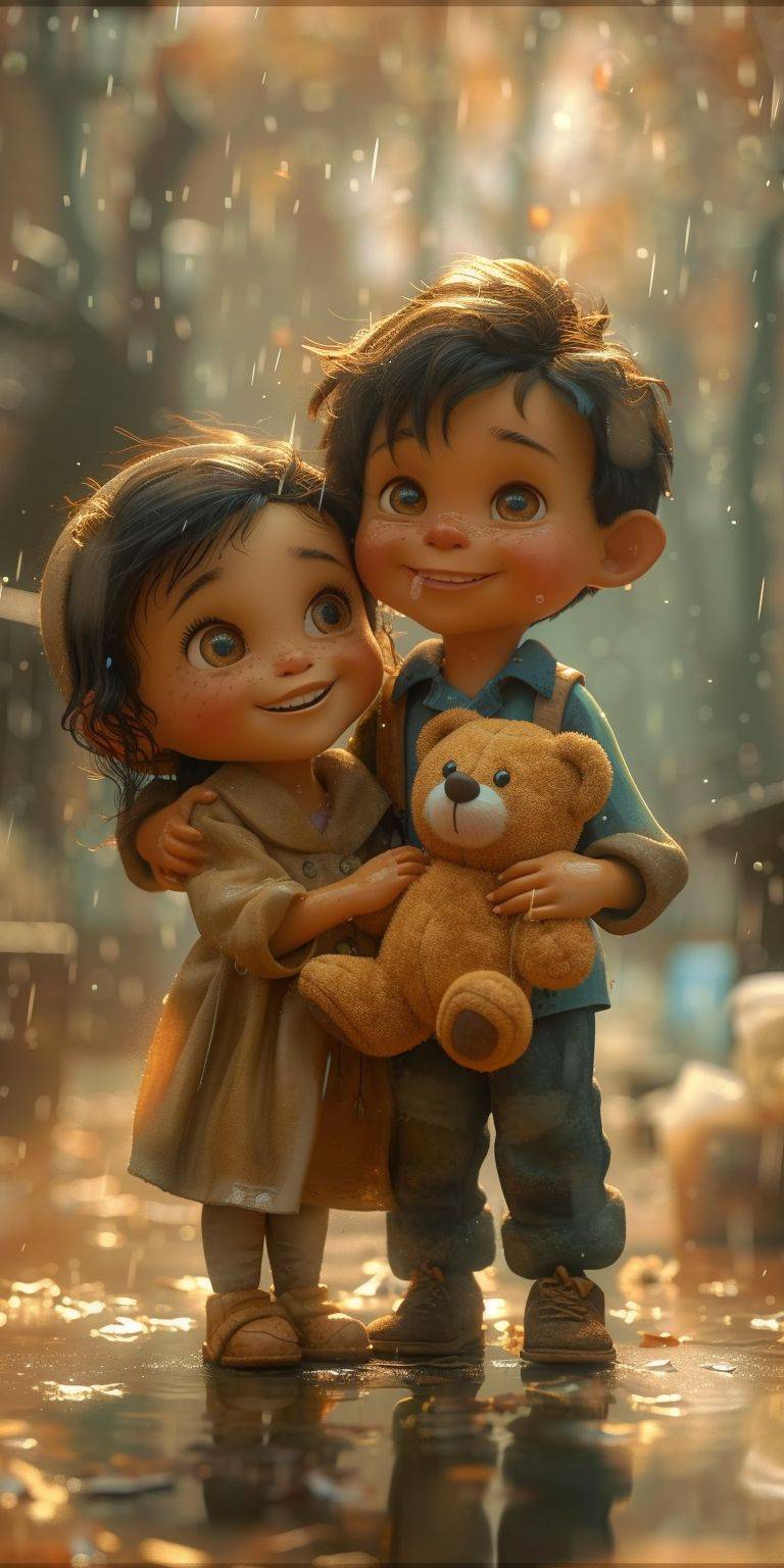 A full-body photographic image of a cute little chibi boy giving a teddy bear to a girl, with realistic, vivid colors, Octane render, trending on ArtStation, artistic photography, photorealistic concept art, soft natural volumetric cinematic perfect light, UHD no background