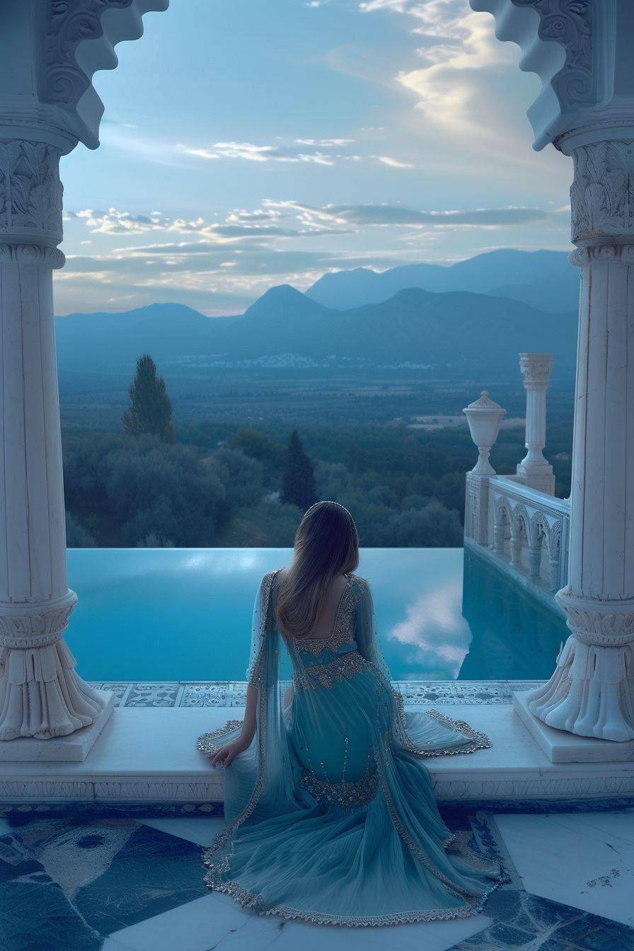 A full body view of the beautiful Greek princess in an ancient Greek monumental pool with a view of the mountains in the distance, at the early morning light, dramatic moody scene, blue cinematic tone, dramatic and stunning award-winning photo, dramatic linear delicacy, hyper-realistic skin, global illumination, very natural features, TIME cover photo, blue cinematic tone, dreamy atmosphere, shot on Hasselblad, highly realistic, photography, depth of field, extremely detailed, ultra sharp.