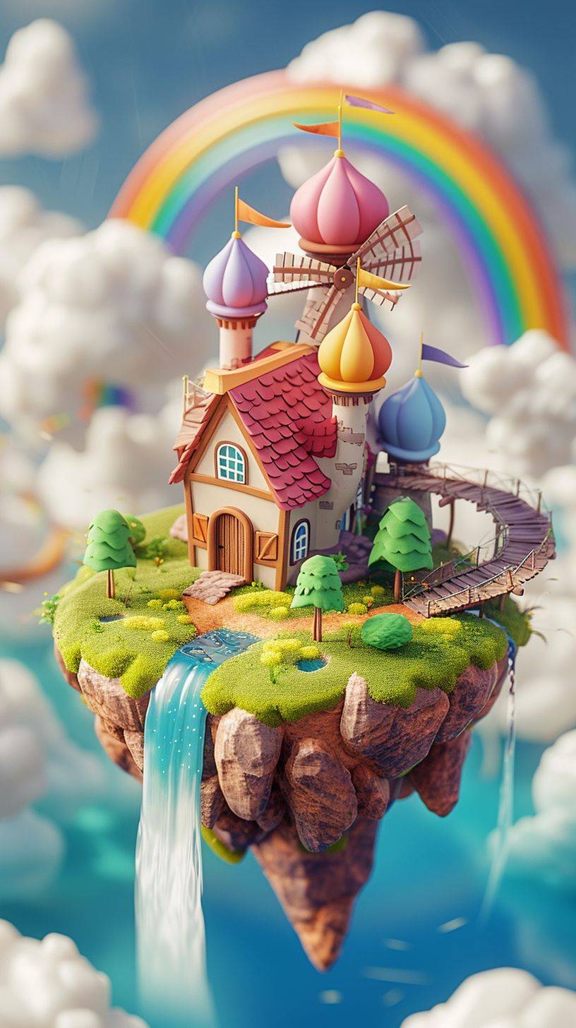 A 3D isometric view of a floating island with whimsical windmills, fluffy clouds, and rainbow bridges, in the style of texture-rich landscapes, cute cartoonish designs, clean and streamlined, subtle gradients, grid-based, captivating, isolated on white