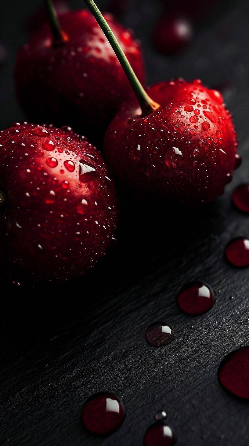 Water droplets on red cherries, black background, in the style of dark silver and dark maroon, applecore, associated press photo, berrypunk, dark red, oshare kei, photorealism, minimal, good vibes, dark color backgrounds, minimalist