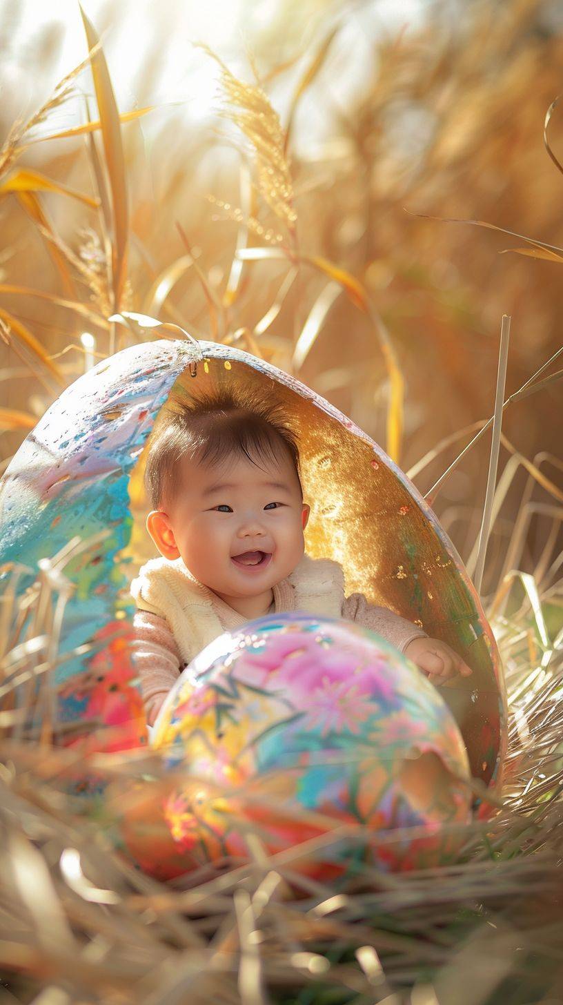 カワイイ中国の新生児の男の赤ちゃんが、巨大なカラフルな卵の中に座り、カメラを見て幸せそうに微笑んでおり、柔らかい葦に囲まれた日光のよく当たる日に、ハイパーリアリスティックでシュールな写真。