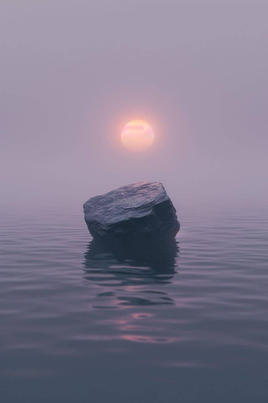 Minimalist rock floating in air, aura, water waves, centered, 3D, calm, Norwegian nature, minimalist night, fog, warm yellow orange moon light in fog, dark purple, dark grey, black, misty atmosphere