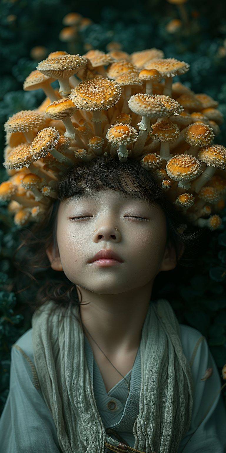 A mushroom growing on an Asian child's head on a dark green background, surreal and realistic photo --ar 1:2 --v 6 --stylize 750