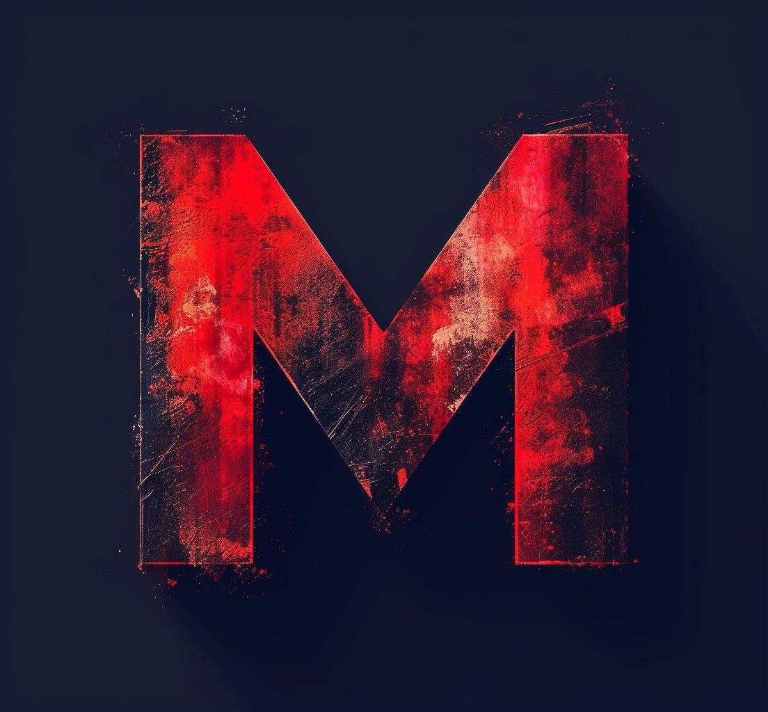 A black background with a red logo featuring a red M in the middle, in the style of multiple filter effect, 20 megapixels, Kodak Plus-X, digitally enhanced, extremely gendered, superflat style