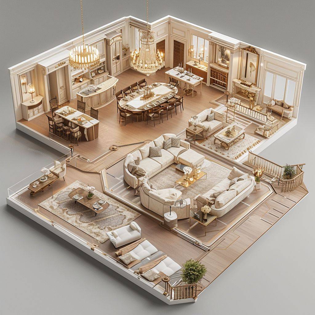 3D scan of a flat house with the floor plan and furniture, in the style of luxurious and sophisticated themes, domestic scenes, realistic and hyper-detailed renderings, dark ivory and light gold, cute and dreamy