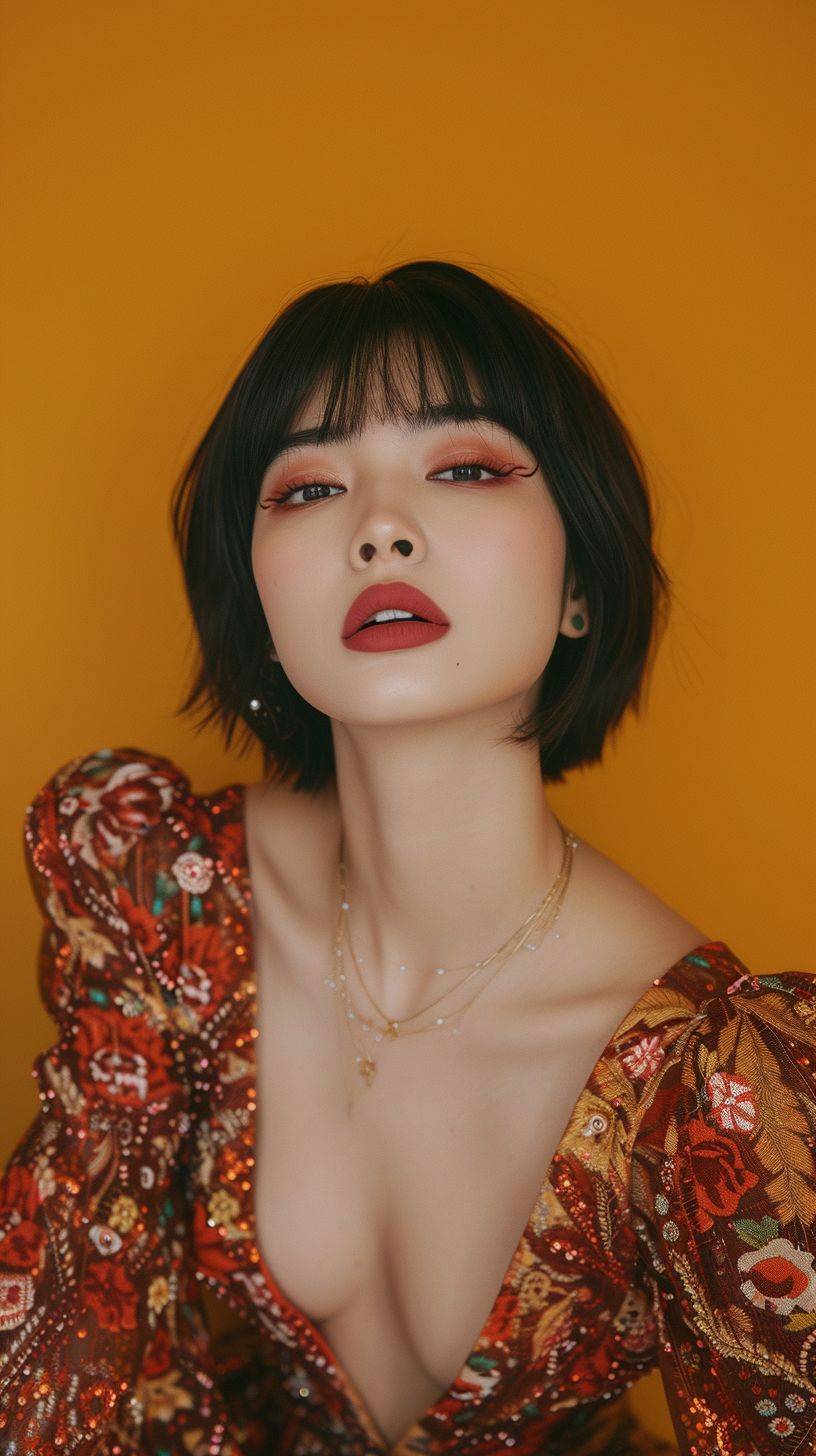 Magazine cover, studio photograph of a gorgeous Chinese model with short straight hair, in a fancy low cut dress. The camera angle is low and dramatic. The colors are orange, red, and yellow.