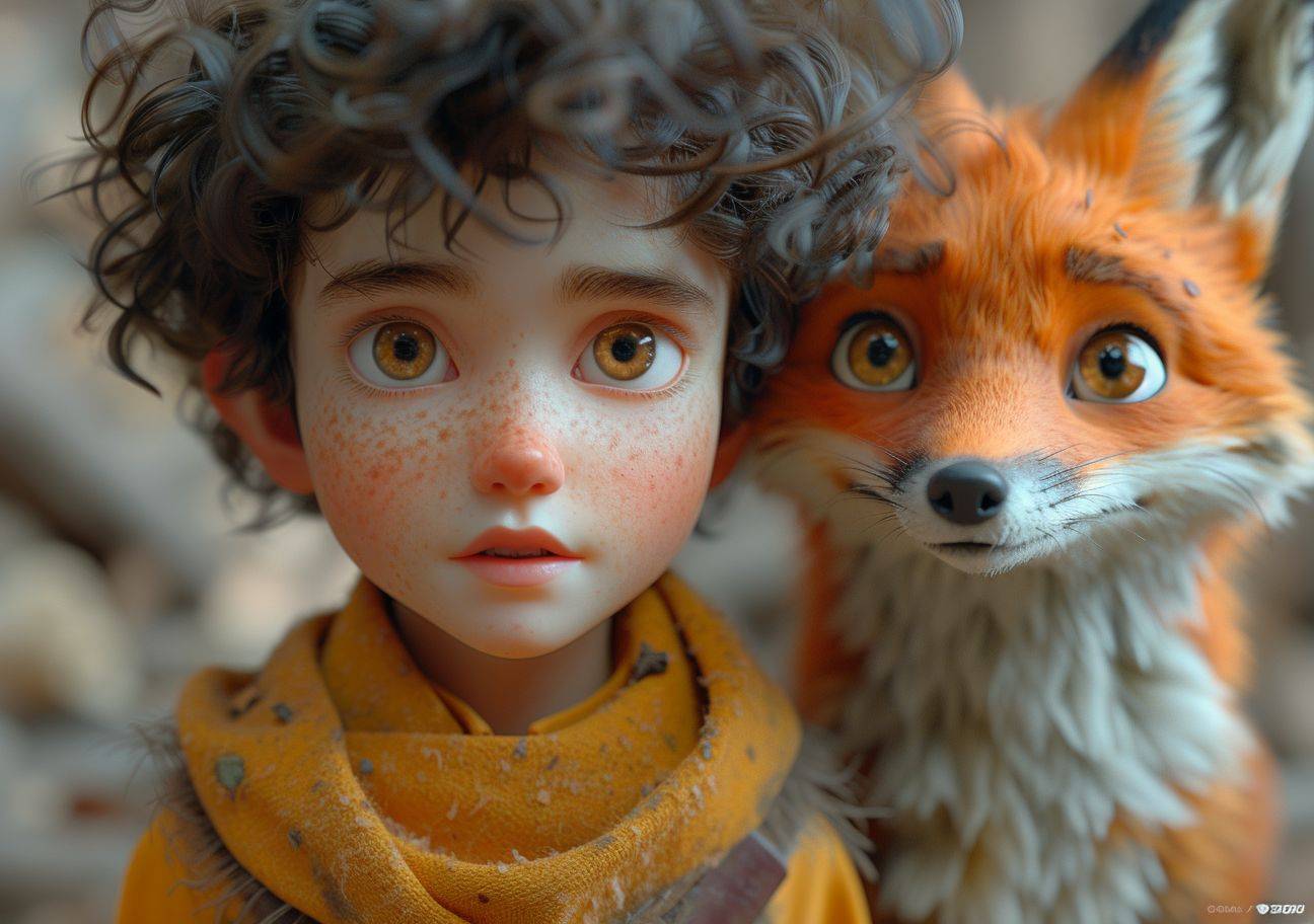 A boy with curly hair and a yellow shirt, rendered in the style of Cinema4D, charming characters, I can't believe how beautiful this is, Rudolph Belarski, blink-and-you-miss-it detail, dramatic shading, cartoonish caricatures, talking with a fox