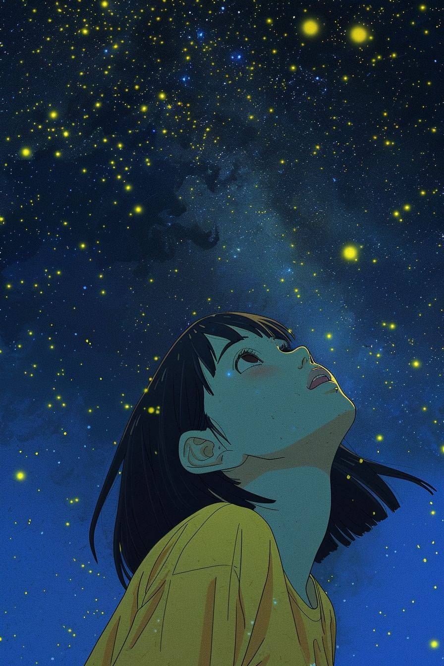 Miyazaki wallpapers, a girl looking up in the blue sky at night, stars, a light moving up | 2080x1080 | Aarte wallpapers, in the style of Miho Hirano, Wilfredo Lam, chilling creatures, light yellow and dark indigo, Theodor Kittelsen, digitally enhanced, Cinestill 50d --ar 2:3