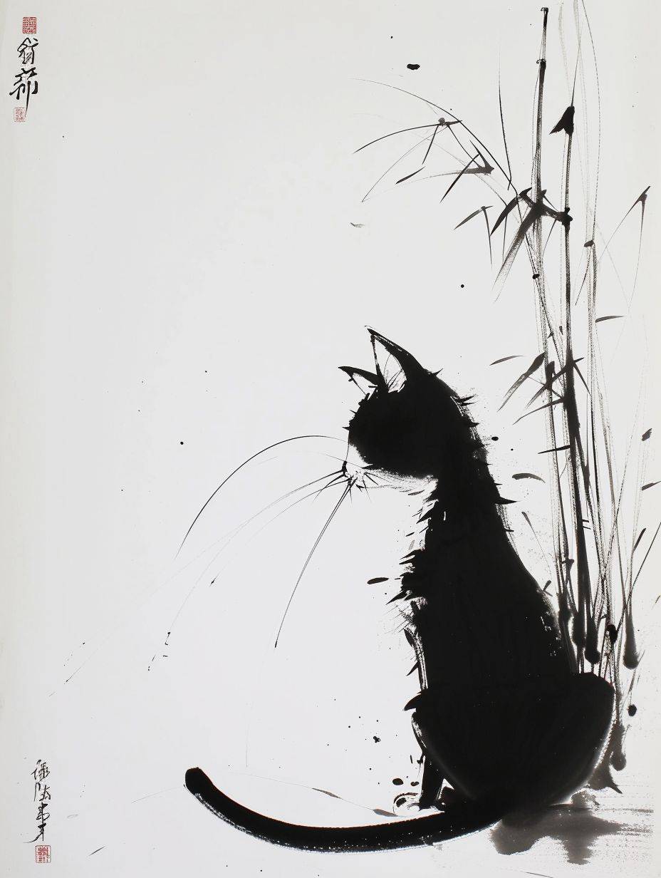 Chinese cat painted by Wu Guanzhong, very cute, ink artistic conception, abstract simple lines, illustration, Picasso, white background, 18k, Pixar style