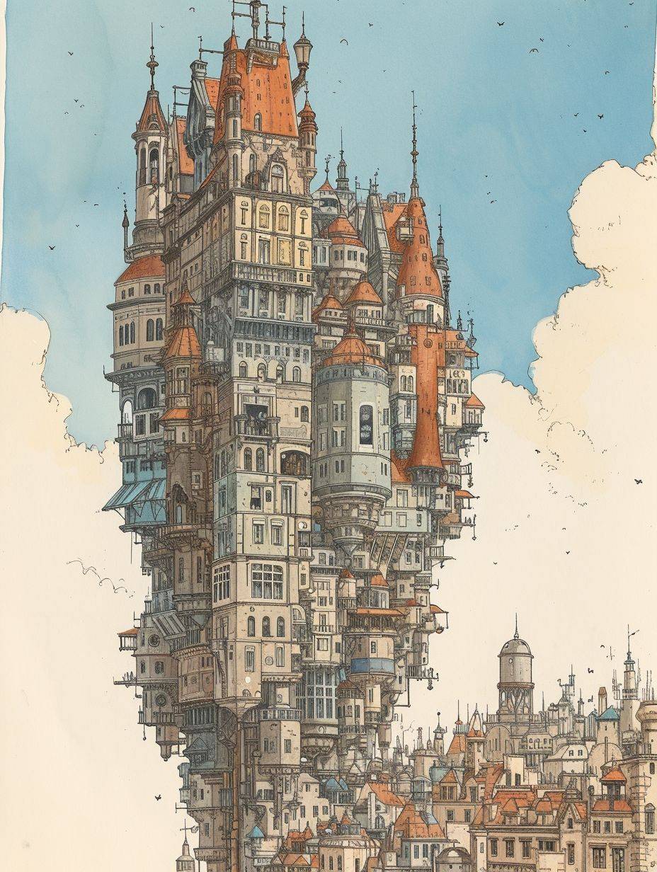 マッティアス・アドルフソンによる3：4の作品で描かれた、壮大な建物が荘厳にそびえ立ち、都市のスカイラインを定義しています。