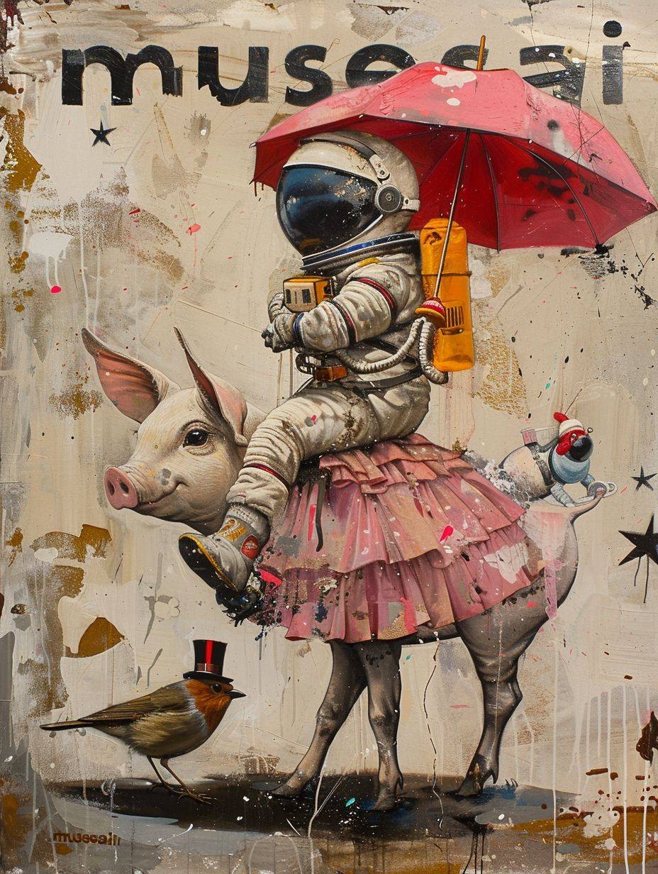 A painting of an astronaut riding a pig wearing a tutu holding a pink umbrella. On the ground next to the pig is a robin bird wearing a top hat. In the corner are the words 'musesai' --ar 3:4