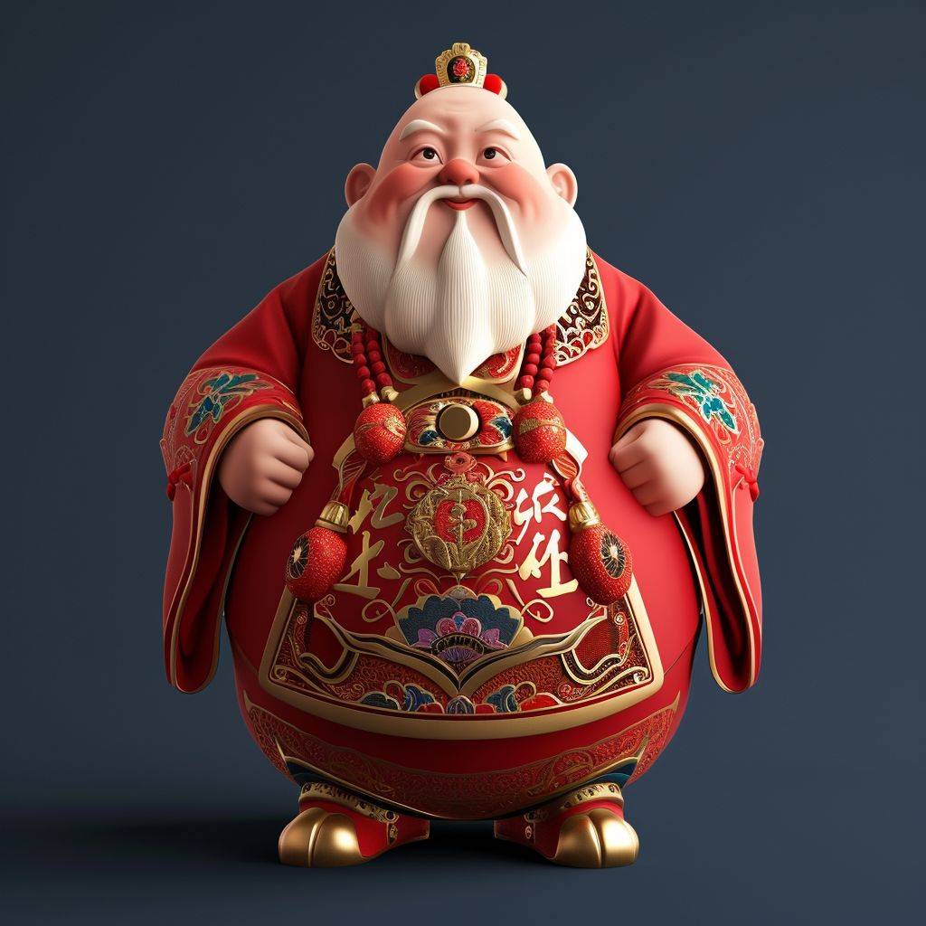 白い髭を生やした3Dアニメーションの肥満神様のキャラクター、中国の赤い高級な中国伝統衣装