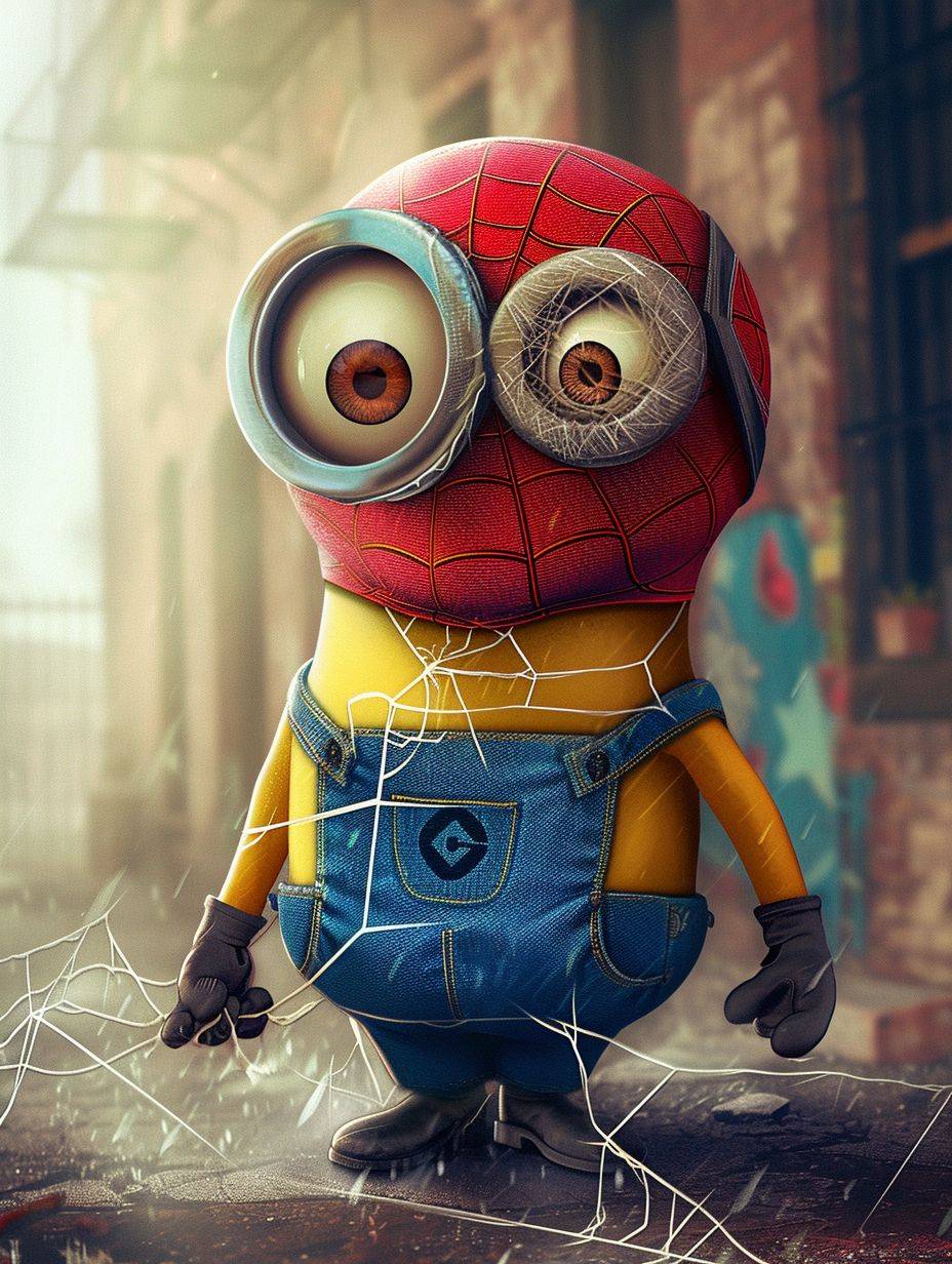 Create a delightful and whimsical image of a Minion transformed into Spider-Man. Envision the Minion wearing Spider-Man's iconic costume, complete with the mask and web-slinging accessories. Picture a playful fusion that captures the charm and humor of both the Minion and Spider-Man. Emphasize the comical nature of this unexpected mash-up in a visually entertaining composition.