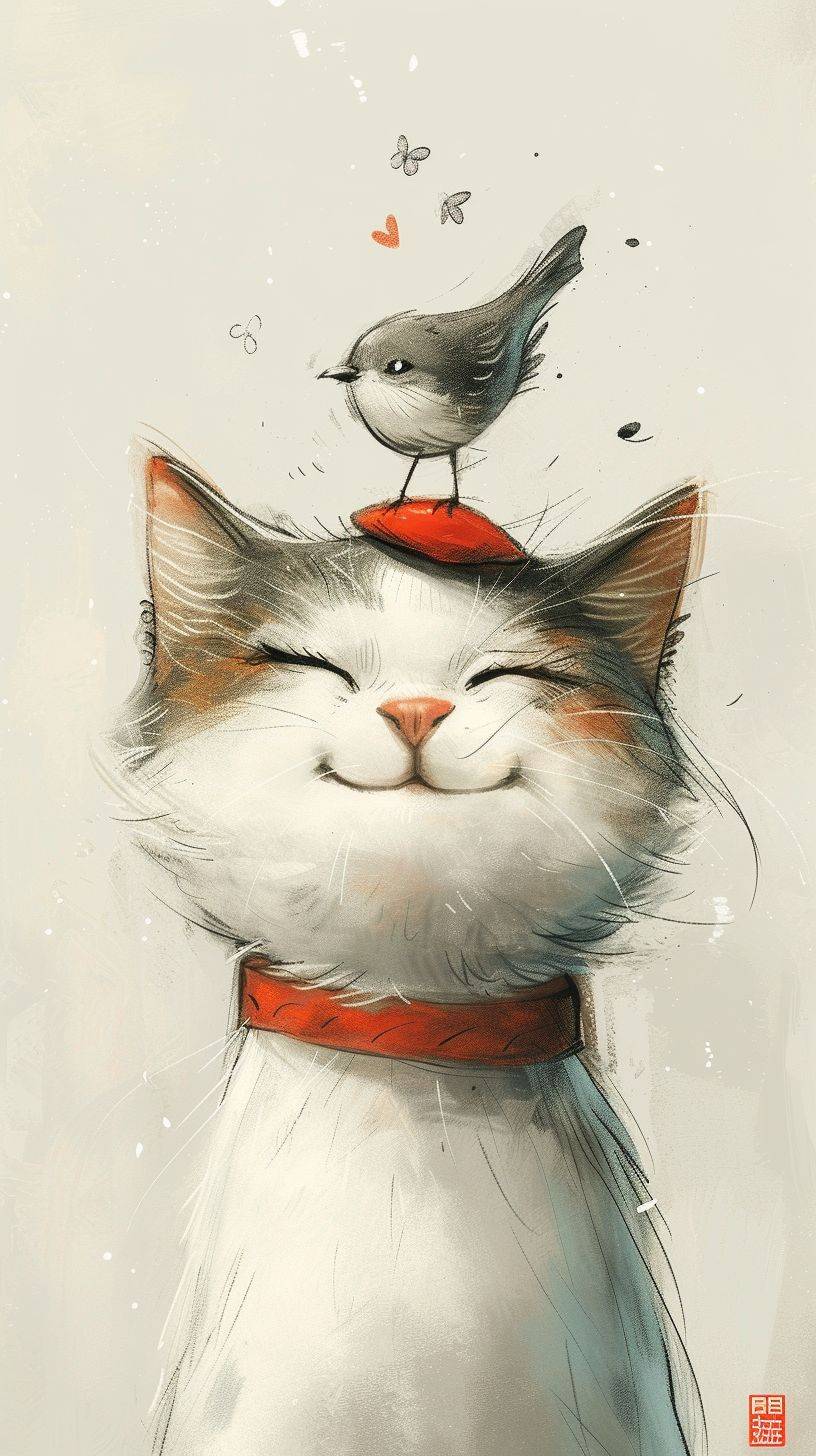 Joyful cat with a bird on its head by Joey Moya, in the style of minimalistic drawings, white background, ultrafine detail, Creative Commons attribution, Mori kei, painted illustrations, serene faces