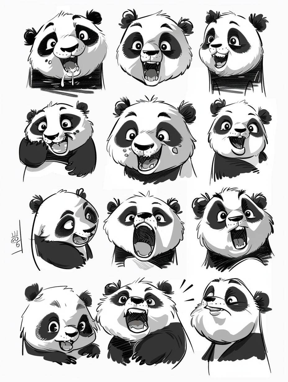 Cute panda, facial close-up, upper or whole body, various expressions and movements of the panda, exaggerated, happy, angry, scared, surprised, etc., various emotions, white and clean background, Q version, Disney style, black and white colors, sticker art design, emoticon pack, nine palace grid layout