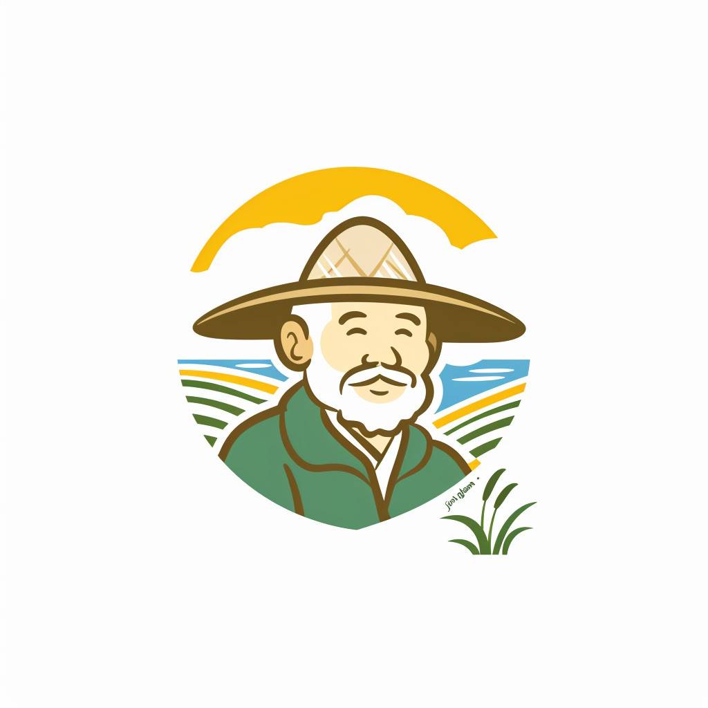 Cartoon logo, design a rice logo called musesai incorporating elements of fields and flowing water. There is an old man farming inside, appropriately incorporating grain elements. There is a rural gate element, using green and yellow, and adding a little blue, low saturation, lively, preferably with landscape elements, white background, minimalist style, Japanese style.