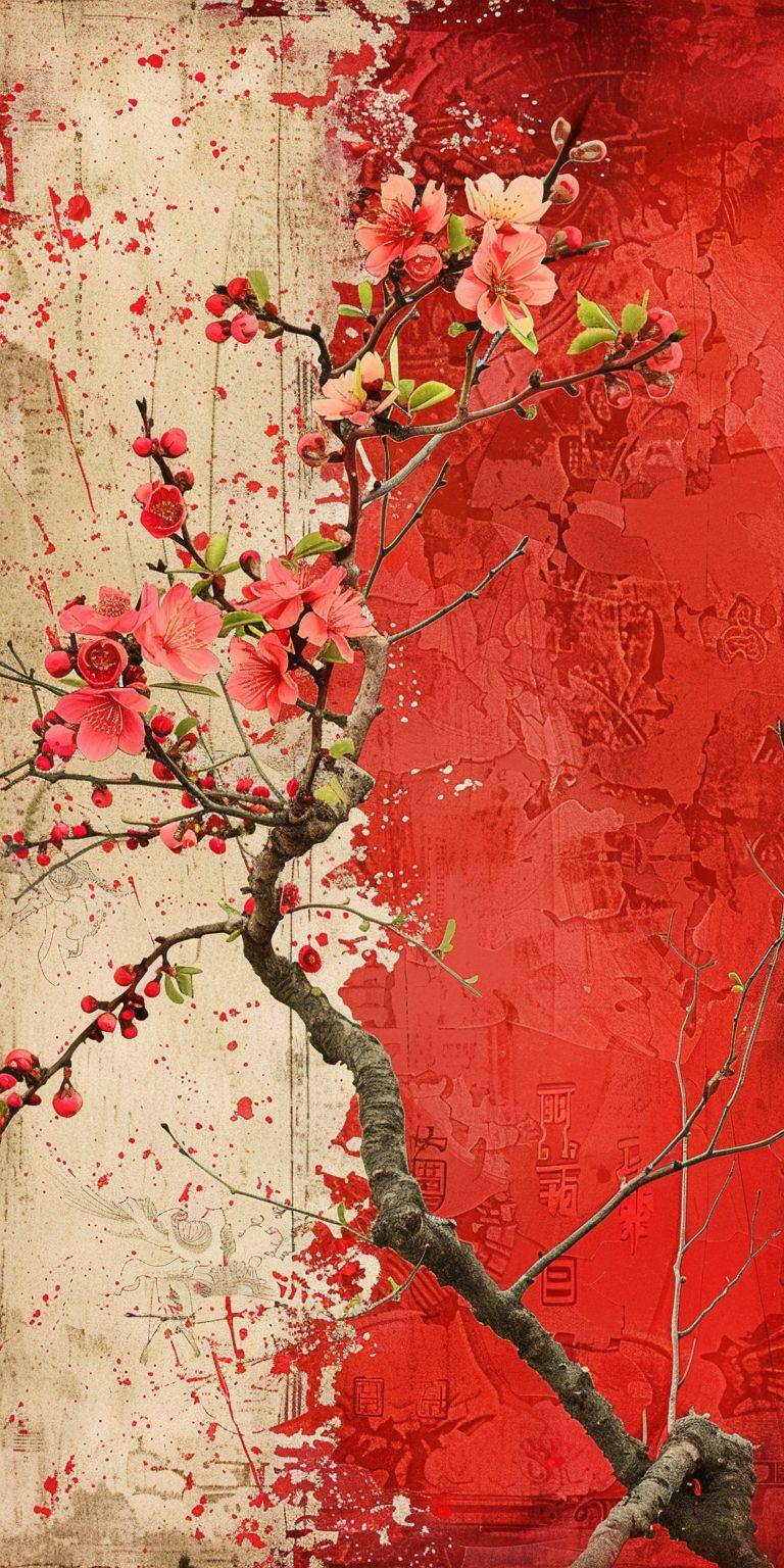 中庭には梅の花が咲いていて、赤、緑、ピンク、黄色があります。2Dのラインアートのミニマリストイラスト、Pinterest、ヴィンテージの中国の絵画スタイル、美的、古い赤壁の背景。