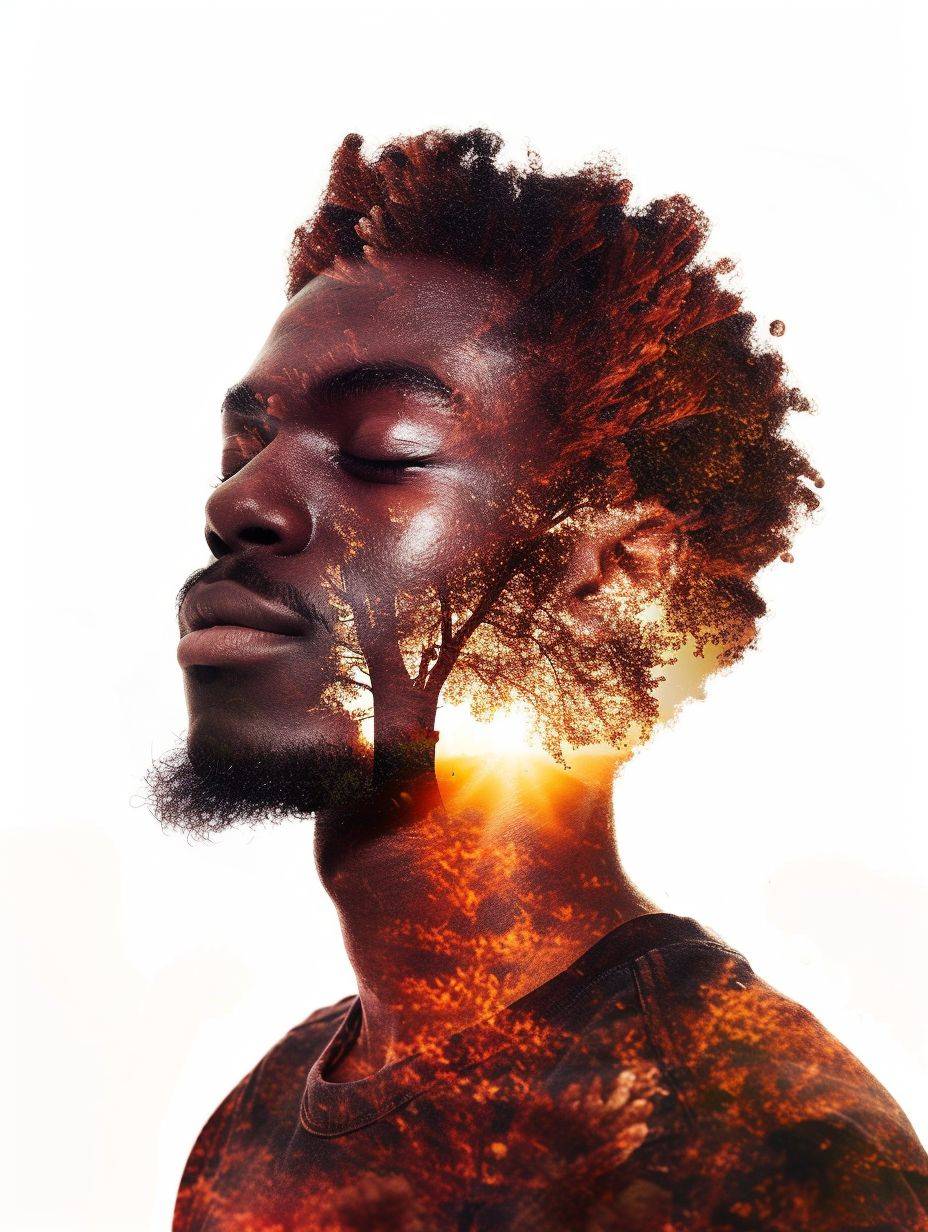 The fall movie poster of a handsome Nigerian man closing his eyes in meditation with the sunrise behind him, white background, in the style of expressive painterly textures, meditation in the style of double exposure, aquarellist, iconic album covers, realist-portraits, nature-inspired, #myportfolio, daguerreotype --ar 3:4 --v 6