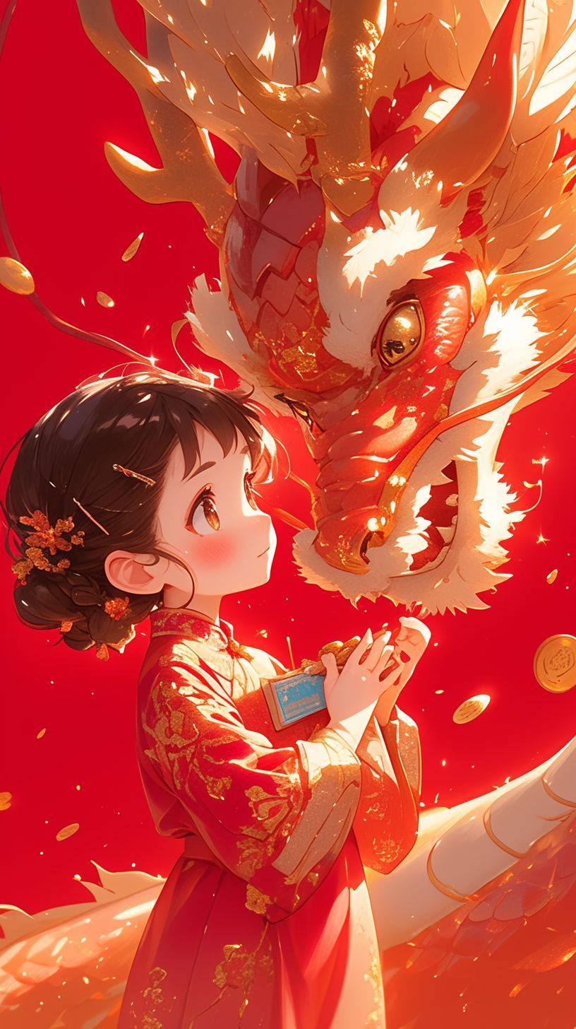 Disney style, a cute six-year-old girl holding a red dragon, wearing dragon hoods, clothes embroidered with auspicious dragon patterns and decorations, full body shot, gold coins, red background, blind box toys, sparkling, Happiness, positivity, red background featuring cartoon character decorated in traditional red and gold colors symbolizing prosperity and good luck, studio lighting, HD, ultra-detailed, 32k --ar 9:16 --niji 6 --stylize 750