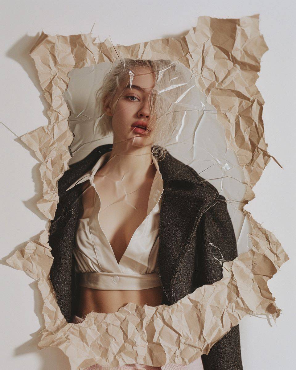 A photo of a piece of paper that was crumpled up and has been uncrumpled. On the crumpled piece of paper is a distorted, full length image of a beautiful, Caucasian, female model. The model is very tall and thin, perfect figure, The model has perfect facial features, pale skin, minimal makeup, dark natural eyebrows. The model has shoulder length hair, white platimun blonde, one length, center parted, undone and slightly messy. The model is wearing a neutral colored silk slip dress, black wool oversized mens overcoat, light pink cotton ankle socks floded over to the ankle, and black leather, pointy, kitten heel high heel shoes. The model is standing in a very cool, casual stance, with a very cool mood look on her face, almost expressionless, tomboyish, shot on white background, cool, fashion, minimal, abstract, shot on Leica SL2 camera with Noctiflux-M 50f/1.2 ASPH, --ar 4:5 --v 6