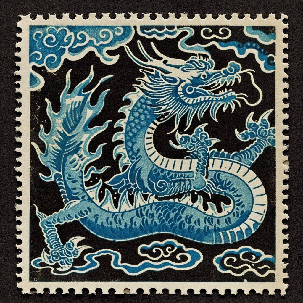 A postage stamp depicting a Chinese dragon, with a baby blue and black color theme
