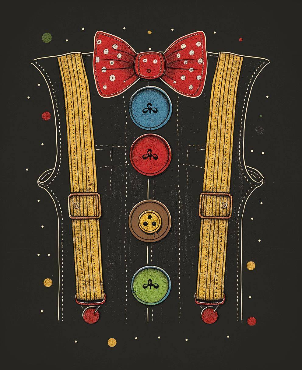 The illustration has a black background with a red bow tie adorned with white polka dots at the top. Two yellow suspenders hang from the shoulders. Dotted lines, suggesting stitching, run down to two brown buttons, which resemble the fastenings on the suspenders. In the center of the torso are 4 oversized colored buttons, in green, blue, yellow and red.