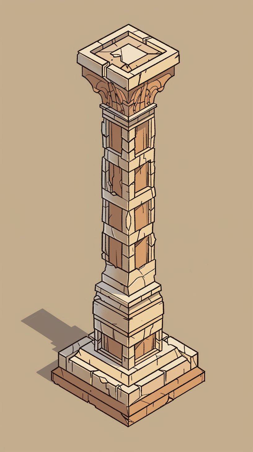 a single isometric pillar made of wood, Detailed, Isometric, detailed, Studio Ghibli style, anime style, isometric, line art style