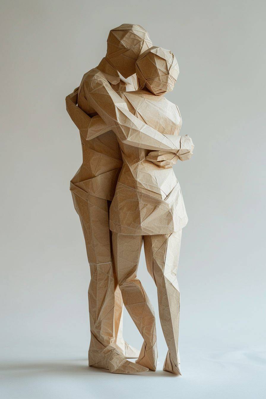 A beige paper figure of a tall man hugging his wife with the wife hugging him back, white ground and background