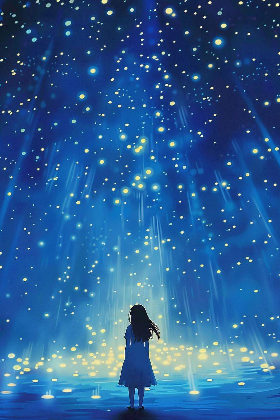 Miyazaki wallpapers, a girl looking up in the blue sky at night, stars, a light moving up | 2080x1080 | Aarte wallpapers, in the style of Miho Hirano, Wilfredo Lam, chilling creatures, light yellow and dark indigo, Theodor Kittelsen, digitally enhanced, Cinestill 50d --ar 2:3