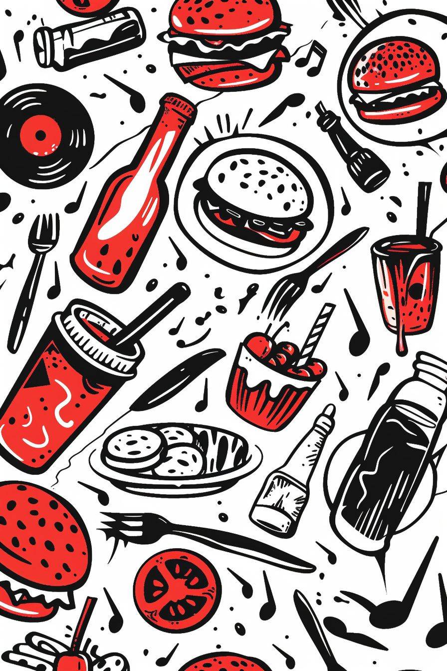 Doodle pattern of ketchup bottles, splashes of liquid, salt shakers, burgers, dollops, tomato slices, knives, forks, plates, lettuce, straws, milkshakes, vinyl records, music notes, smiley faces