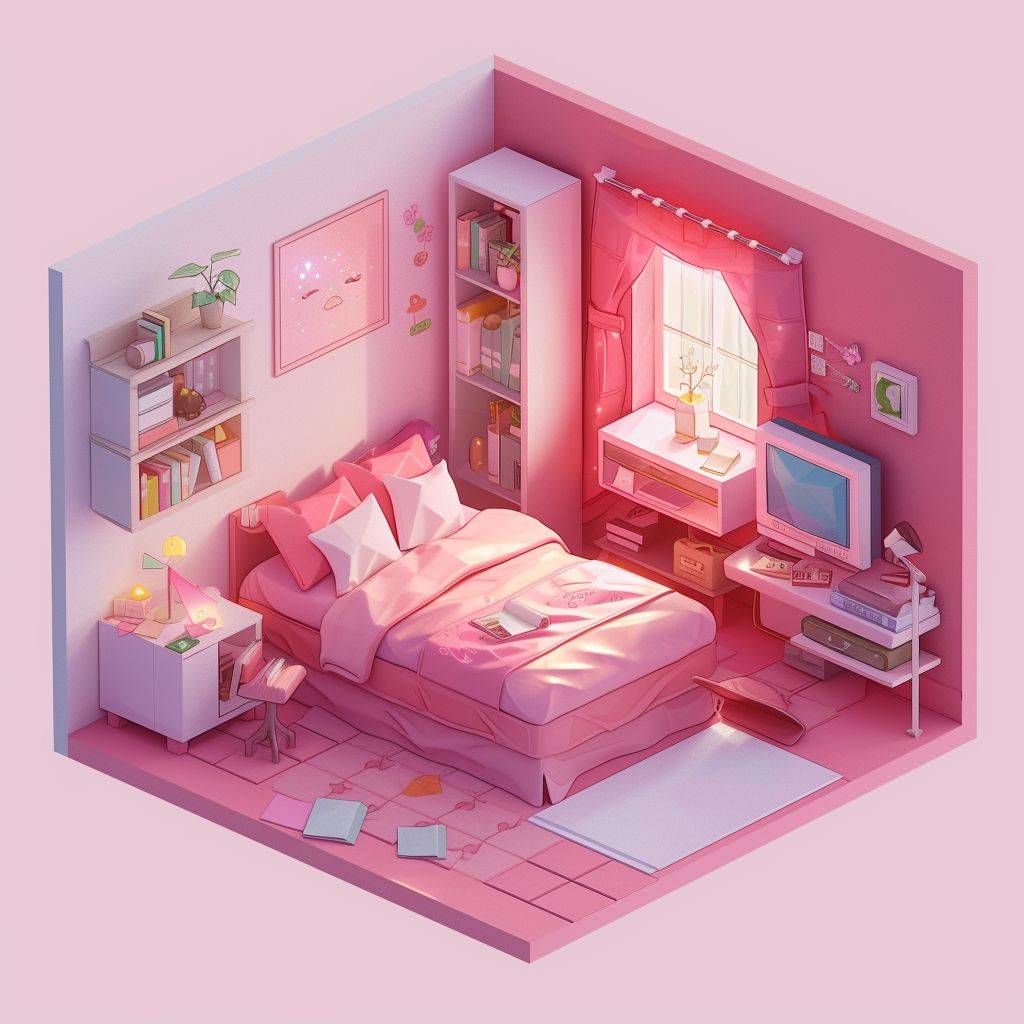 女の子のピンクの部屋、32ビット等角図