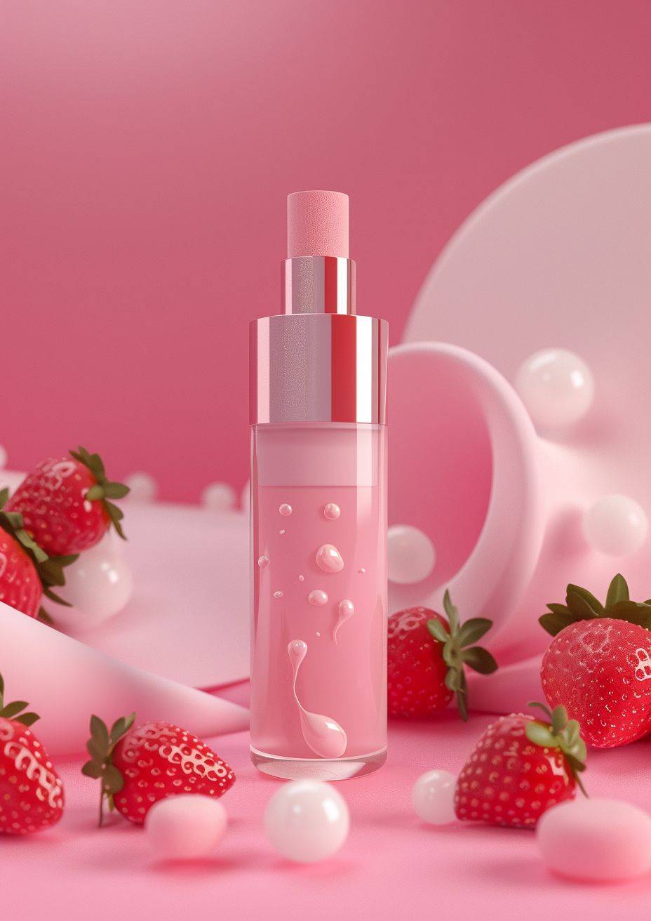 Bottle of cosmetics high end poster background light pink gradient colour background, strawberry, C4D render HD 12K.