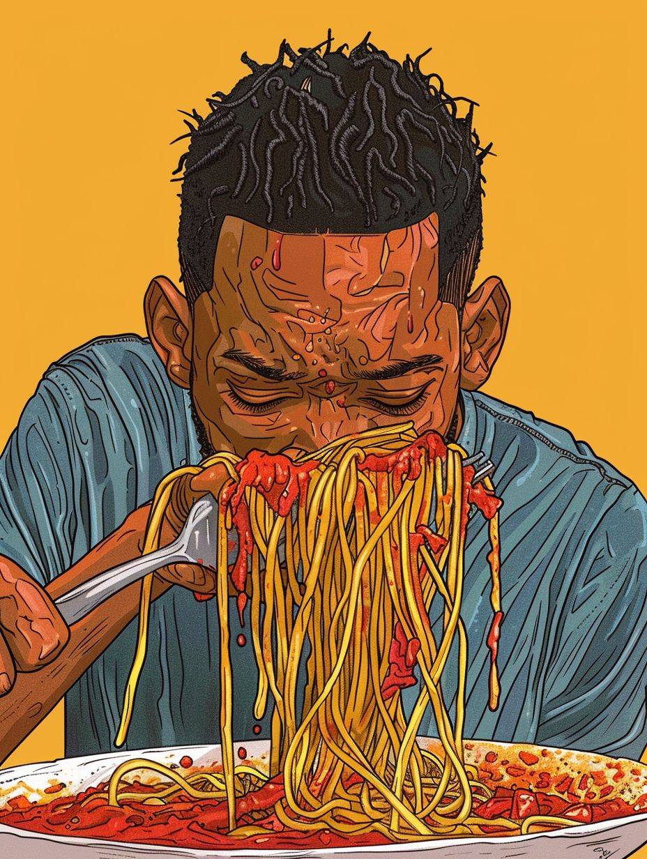 ウィル・スミスが散らかったスパゲッティをトマトソースと一緒に食べている、エルジェによるイラスト、完璧な着色、8K