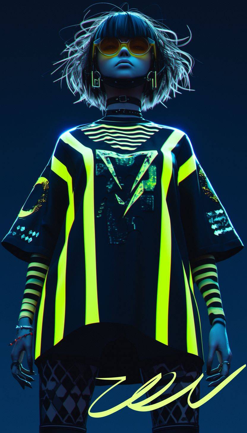 Fashion photography of a punk woman wearing neon-lit styled clothes with the backdrop of black gradient.