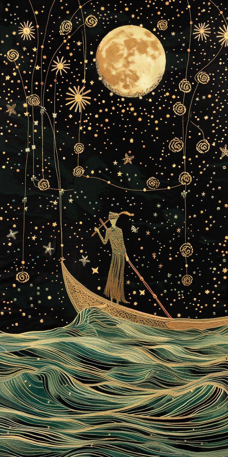 星の川を渡る渡し船のカラフルな絹と金刺繍、複雑なデザイン、ミニマリズム、暗い背景