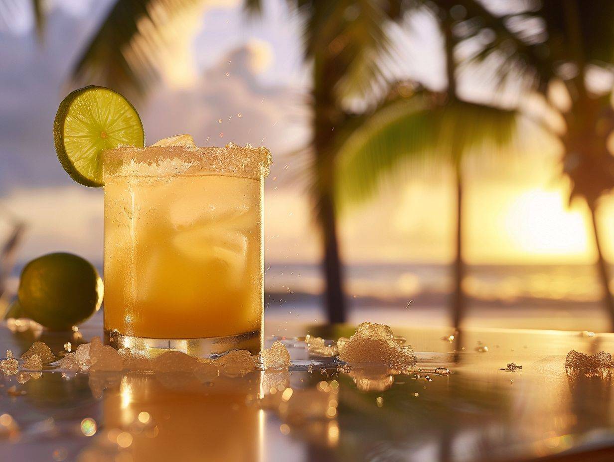 Food Photography, A vibrant Ti' Punch cocktail, accented with freshly sliced lime and local sugarcane syrup, presented on a sleek, modern bar top. The backdrop of a sunset beach scene highlights the drink's island essence, captured with a shallow depth of field to emphasize the crisp detail of the lime's zest and the delicate sugar crystals --ar 4:3