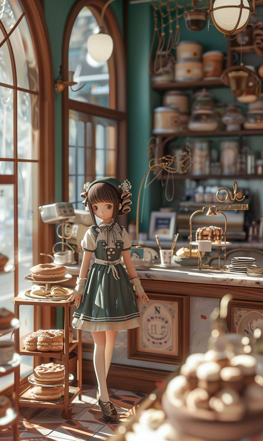 In a meticulously crafted miniature European-style café, the interior exudes a charming and delightful atmosphere. The café is adorned with stylish and adorable decor, creating a space that is both fashionable and cute. Delicate trinkets and decorations are scattered throughout, adding a touch of whimsy to the surroundings. The café is bustling with life, as a cute café attendant attends to the needs of a group of customers. Among them is an adorable cute teenage girl, enjoying her time in this picturesque setting. The café is bathed in soft spring light, casting a warm and inviting glow that complements the cheerful ambiance. The scene is a perfect blend of beauty and charm, capturing the essence of a delightful café experience. From the meticulously arranged tables to the intricate details of the café's interior design, every element is carefully crafted to create a visually stunning and enchanting environment. It's a place where one can immerse themselves in the beauty of their surroundings and enjoy a moment of tranquility in a bustling world.