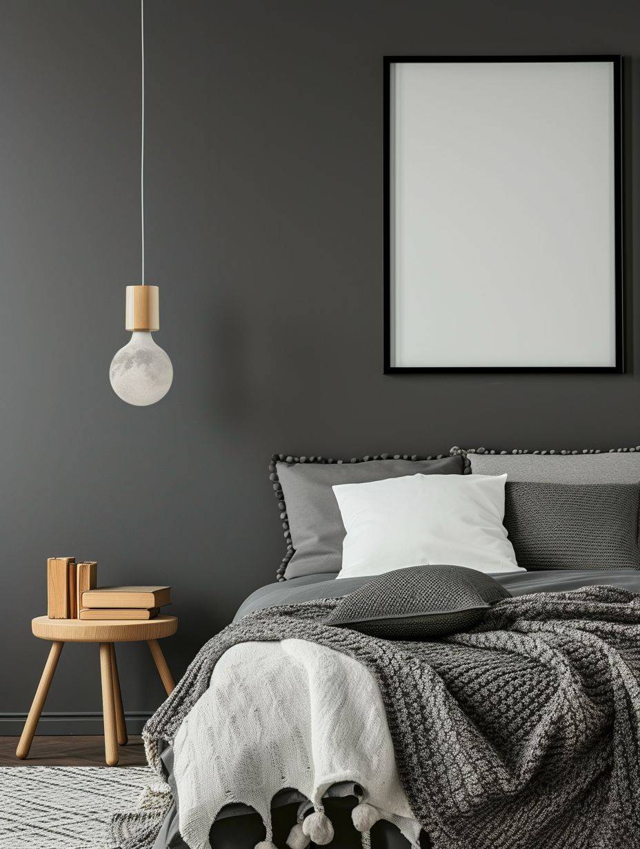 Modern kids bedroom, bed, mock-up picture frame on wall, space theme, black and grey style