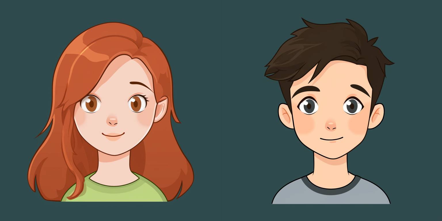 Couple avatar, one side is a girl, the other side is a boy, cartoon style.