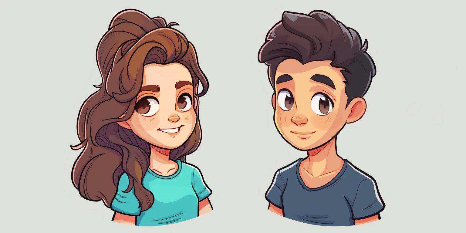 Couple avatar, one side is a girl, the other side is a boy, cartoon style.