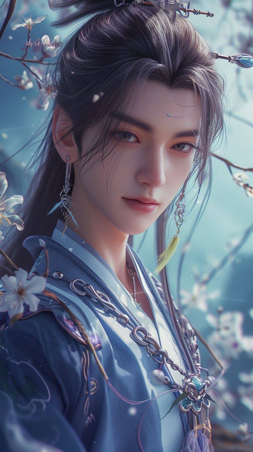 A 29 year old Chinese boy wearing a necklace, Taoist clothing, inspired by Sim Sa jeong, Azure. Fine hair, Prince Shunten, antique style artwork, fantasy aesthetics Guvez, mist, god of spring, 8K high-quality/detailed art, sweet smile, full body shot, spring scene, action shot, super realistic, 8K --ar 9:16 --v 6