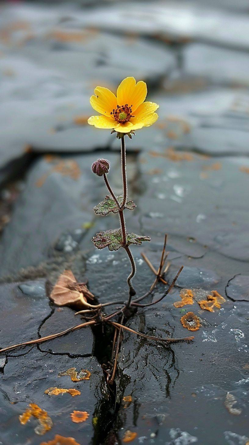 The small flower growing out of the cracks in the stone.