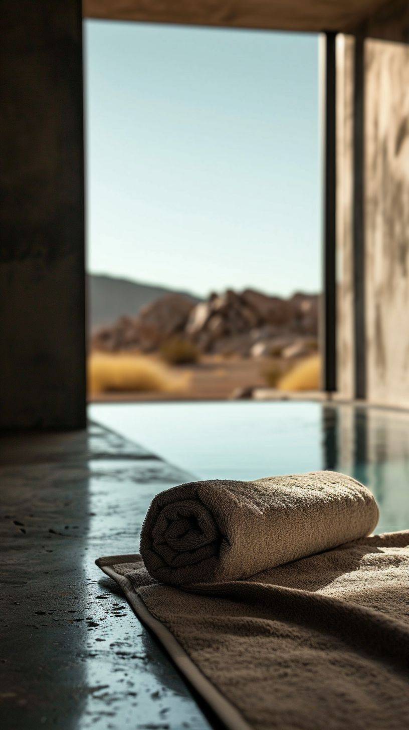 Close-up macro photo of a beige towel roll, pool, desert view, tall window, high-angle, minimalist industrial interior, morning light, dark olive and grey colors