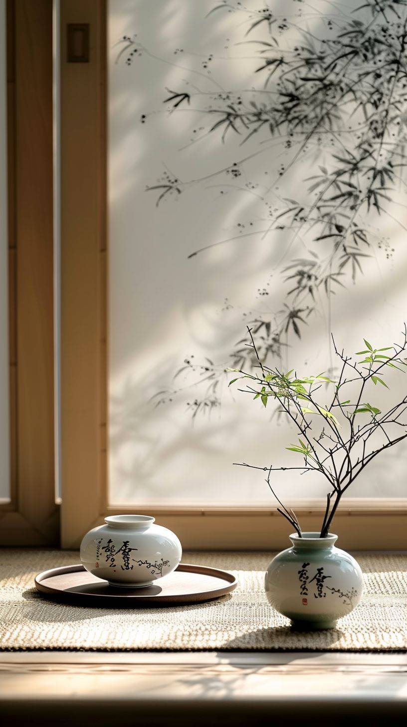 Chinese writing is displayed on the wall in the cinematic lighting style, complemented by decorative vessels, time-lapse photography, bright white and beige scenes, mori kei, and handcrafted beauty.