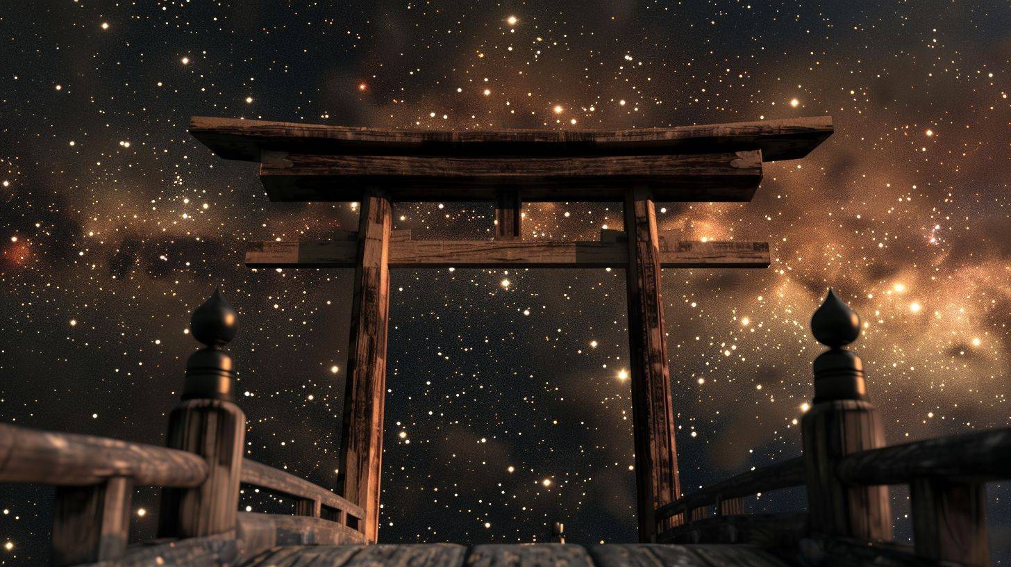 A Shinto ritual at a shrine floating in space, bridging the earth to the heavens, in 'Ancient Astral Theatrics', merging theatrical drama from ancient cultures with astral, space elements, in shrine wood and void black style.