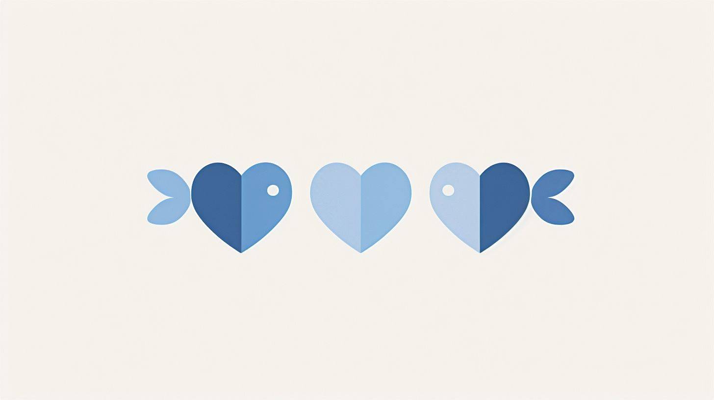A minimalist representation of a fish using only three heart shapes to form the body, tail, and fin of the fish. The image should include a simple dot for an eye. The hearts should be in a calming blue color set against a clean white background, creating a stylized and abstract depiction of a fish --ar 16:9
